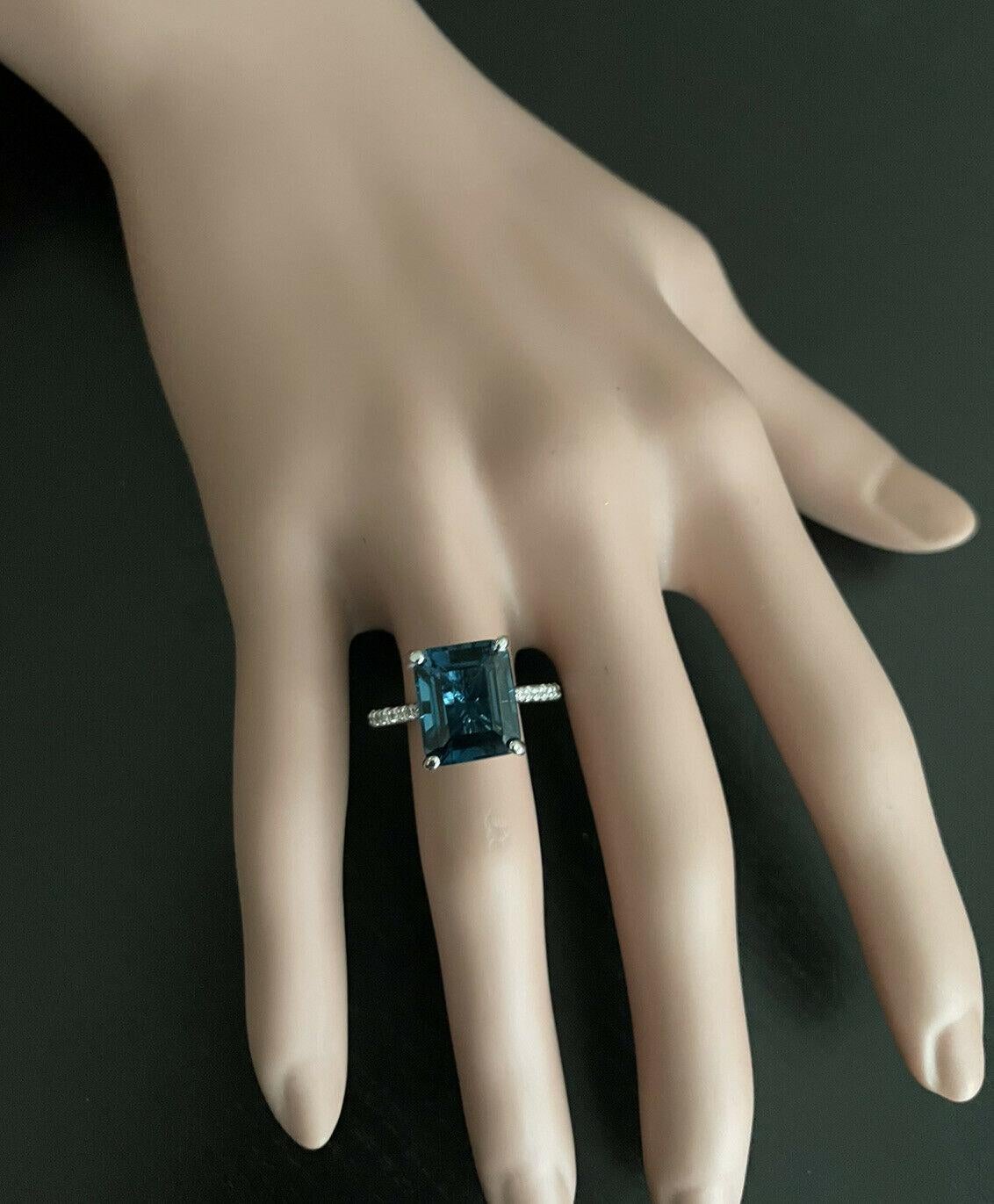 7.90 Carats Natural Impressive London Blue Topaz and Diamond 14K White Gold Ring For Sale 3