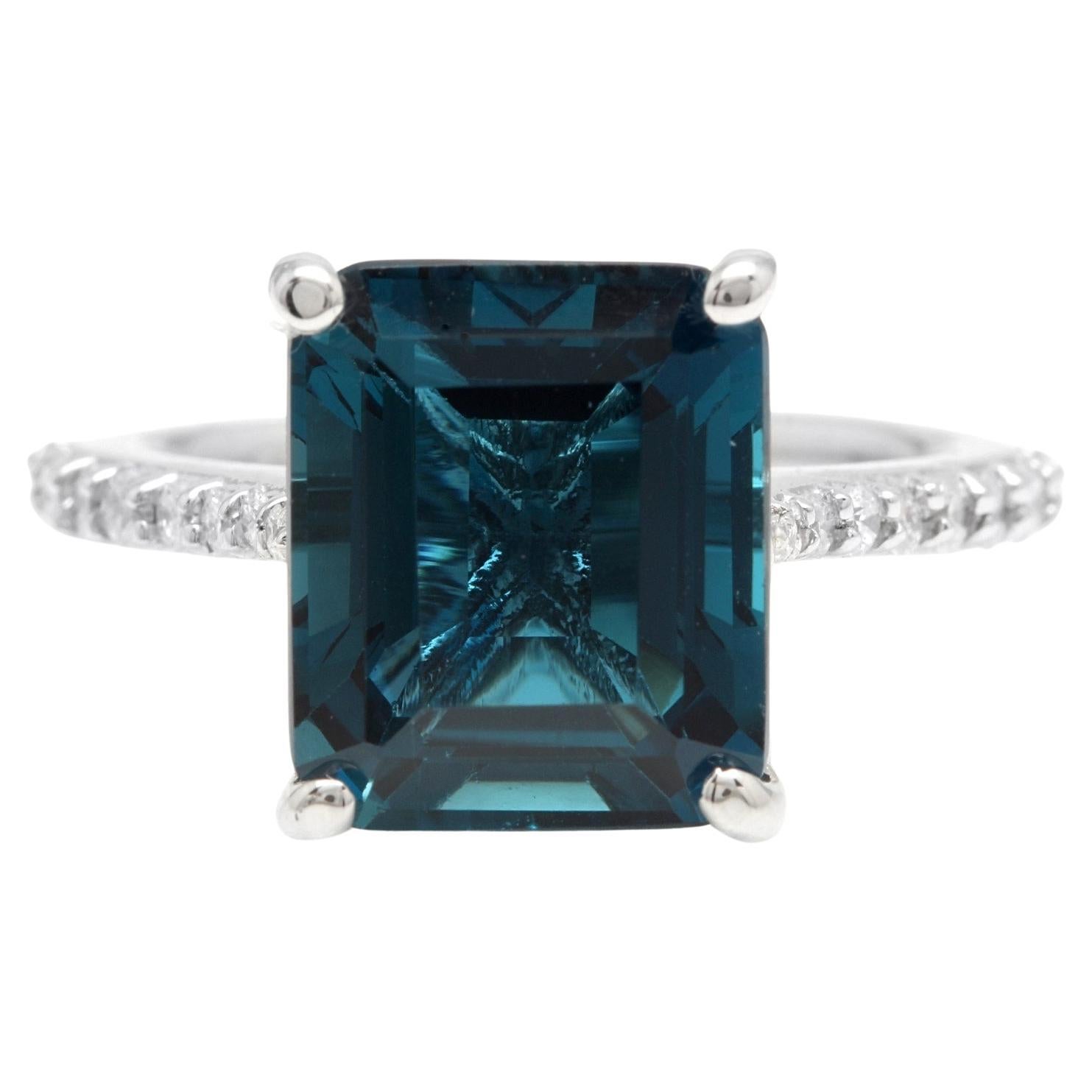 7.90 Carats Natural Impressive London Blue Topaz and Diamond 14K White Gold Ring For Sale
