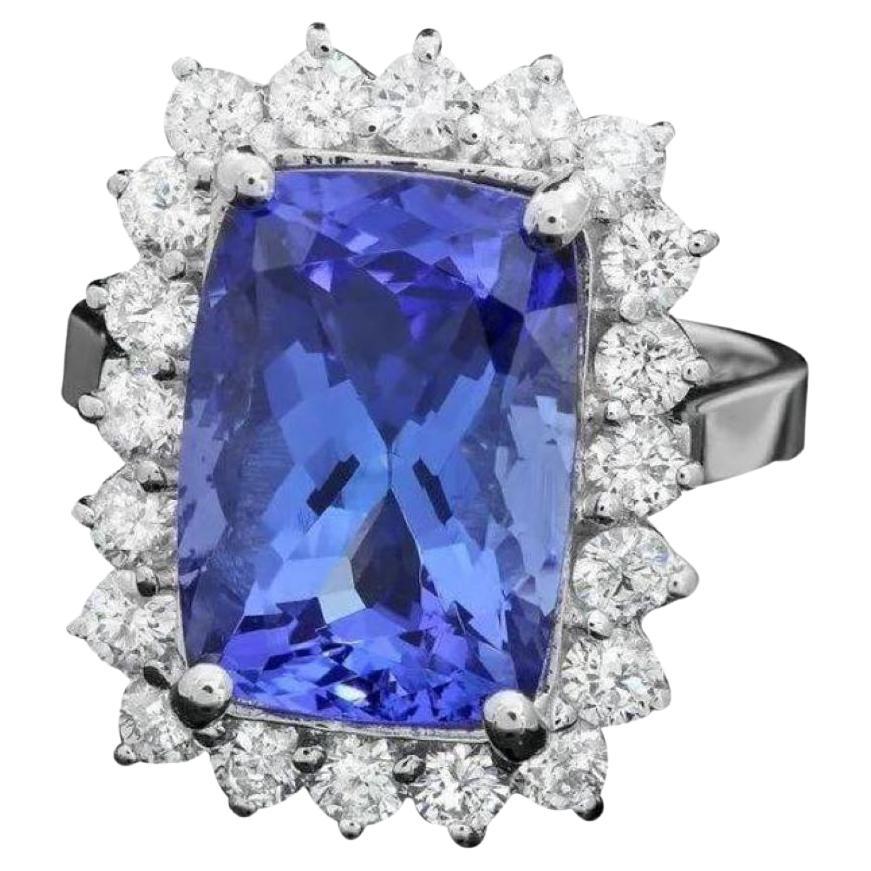7.90 Carats Natural Tanzanite and Diamond 18K Solid White Gold Ring For Sale