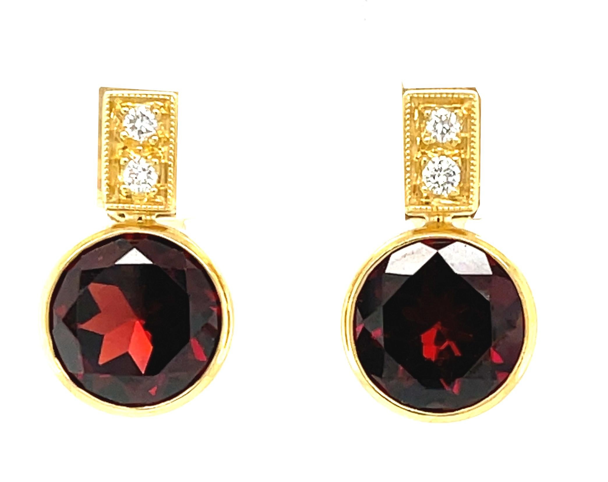 Large, round burgundy color garnets are bezel set in these pretty drop earrings... grown-up girl size! I designed this style of earring to look good on any earlobe, even those with stretched or torn pierced holes. Four diamonds add sparkle. A great