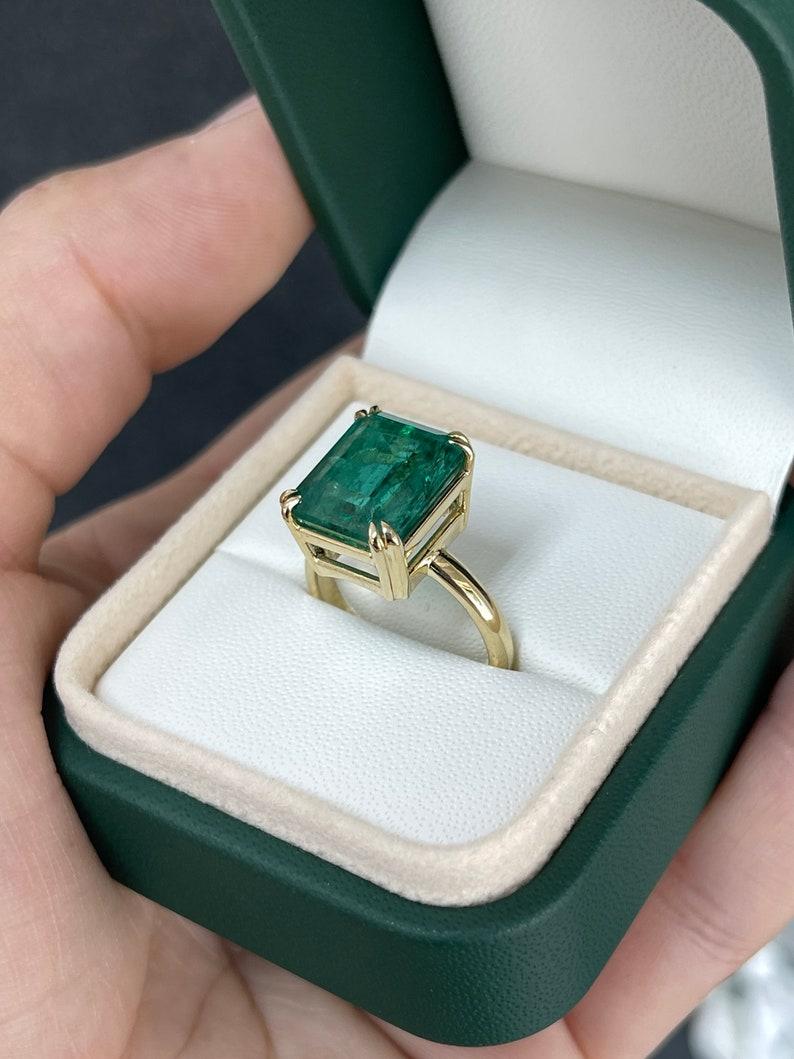 Emerald Cut 7.90ct Emerald Solitaire Ring - 18K Gold, Earth Mined, Double Claw Prong For Sale