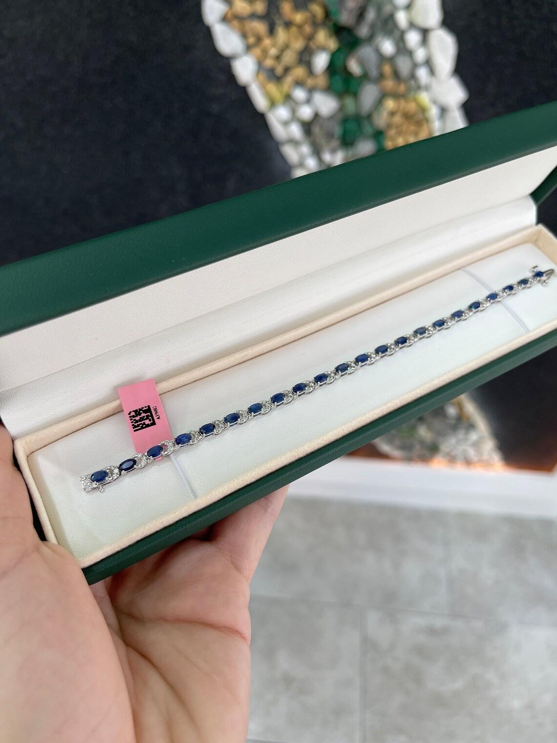 Modern 7.90tcw 14K White Gold Bracelet Oval Blue Sapphire & Diamond Accent Woman's For Sale