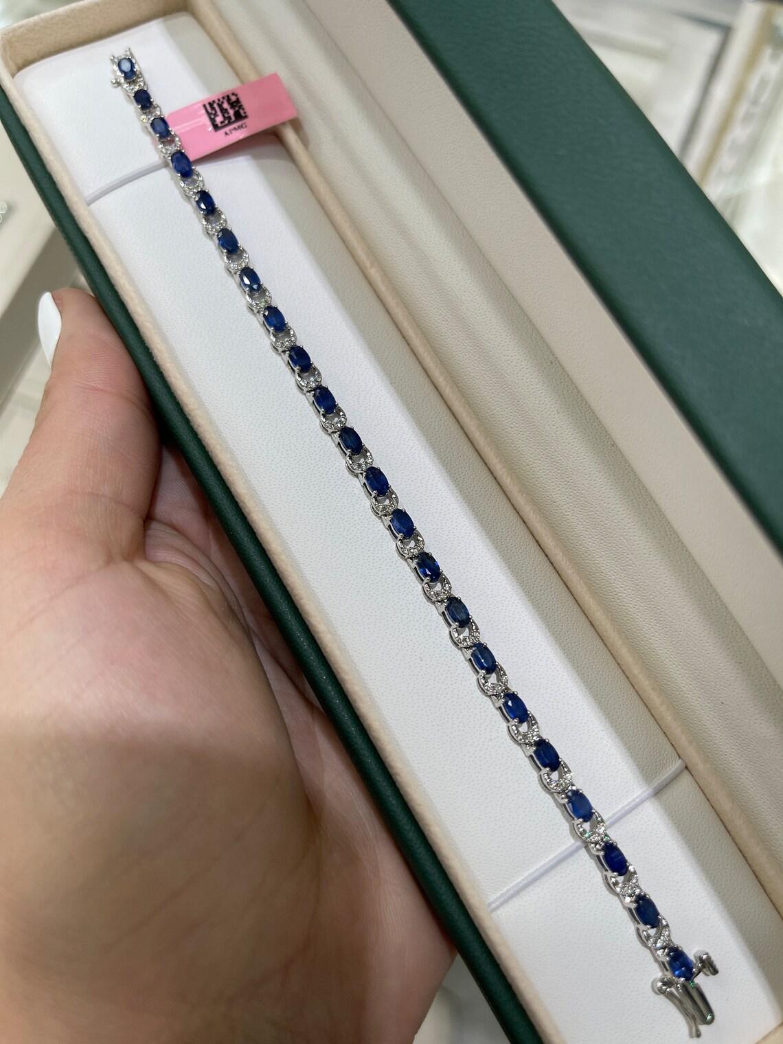 Oval Cut 7.90tcw 14K White Gold Bracelet Oval Blue Sapphire & Diamond Accent Woman's For Sale