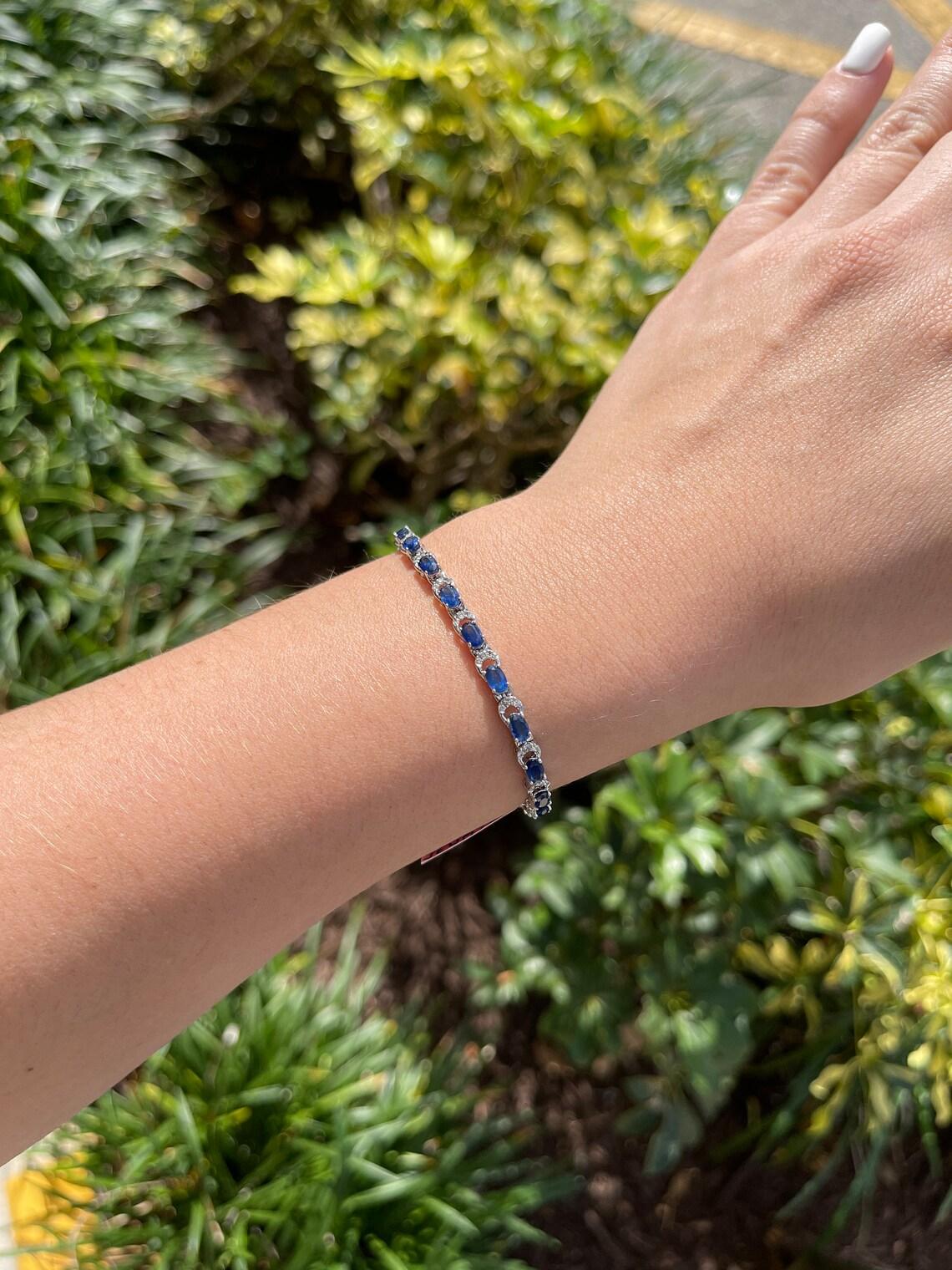 7.90tcw 14K White Gold Bracelet Oval Blue Sapphire & Diamond Accent Woman's For Sale 1