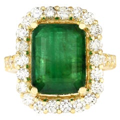 Exquisito Anillo de Diamantes Esmeralda Natural en Oro Amarillo de 14 Kilates