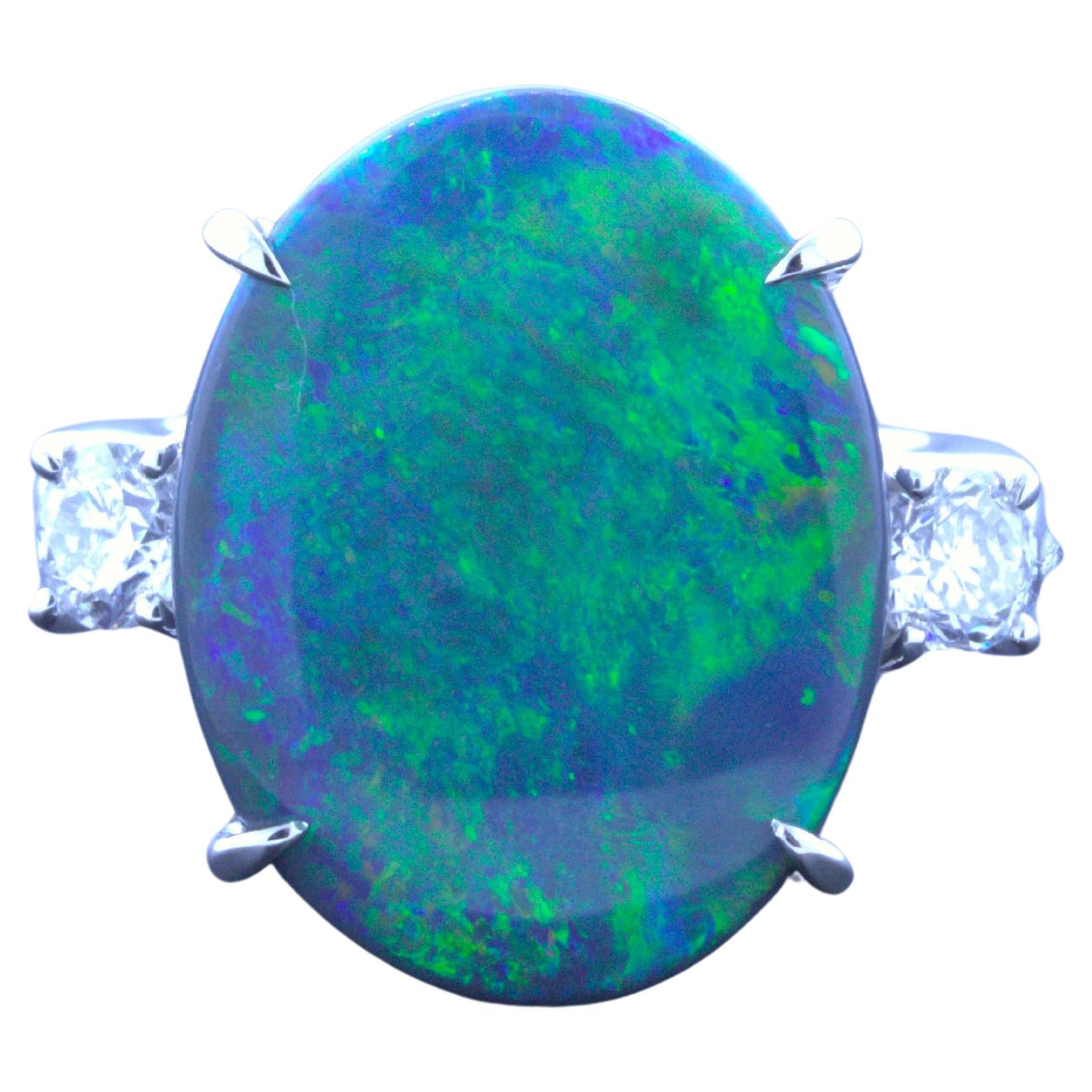 7.92 Carat Australian Black Opal Diamond 3-Stone Platinum Ring For Sale