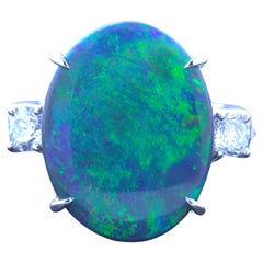 7.92 Carat Australian Black Opal Diamond 3-Stone Platinum Ring