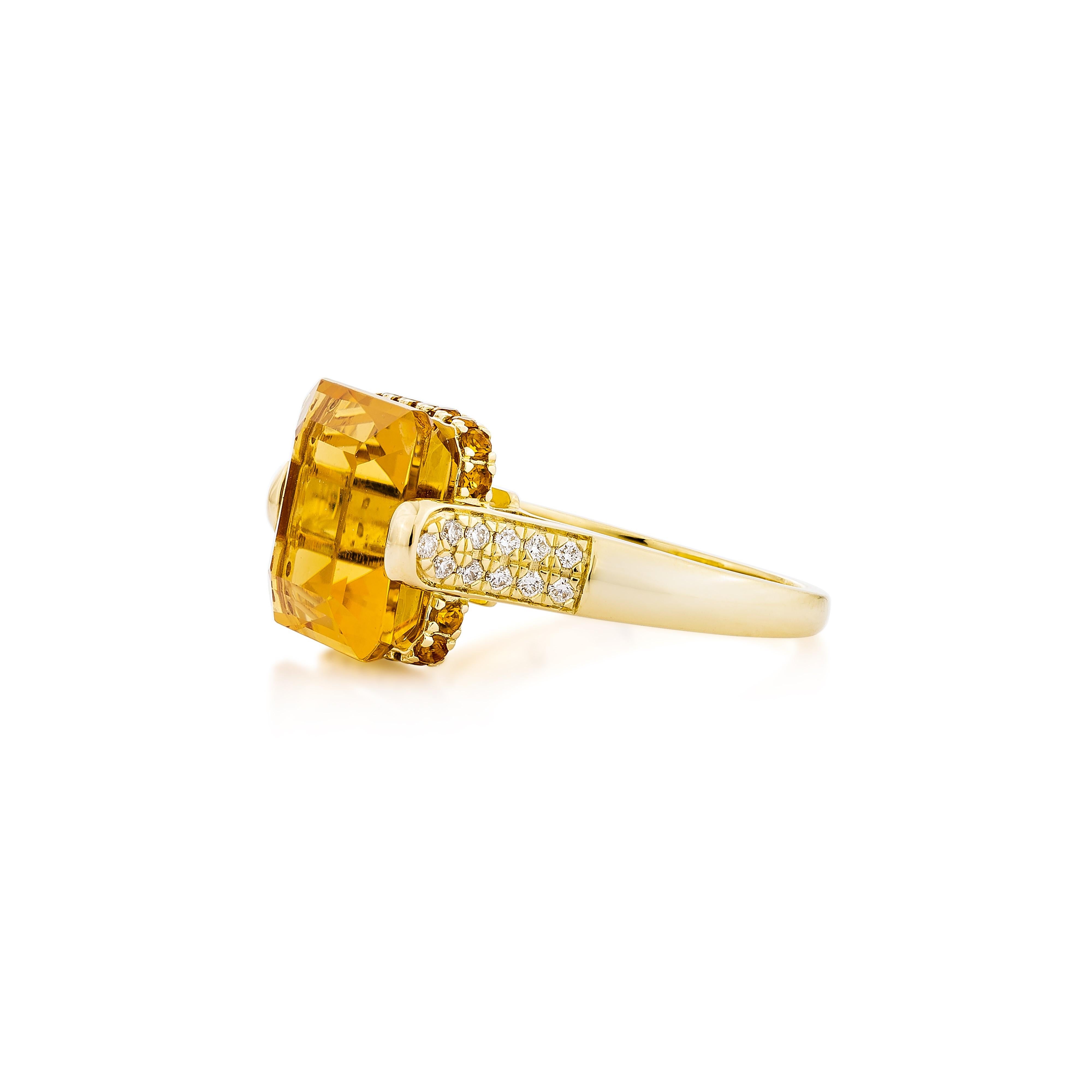 Octagon Cut 7.92 Carat Citrine Fancy Ring in 18Karat Yellow Gold with White Diamond.   For Sale