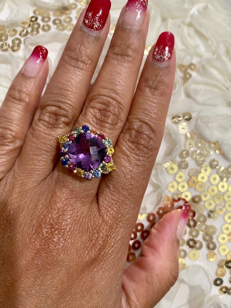 7.92 Carat Cushion Cut Amethyst Sapphire Diamond Yellow Gold Cocktail Ring For Sale 5