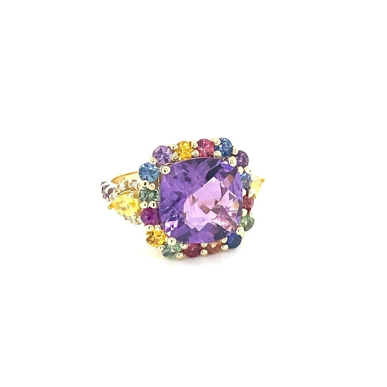 Contemporary 7.92 Carat Cushion Cut Amethyst Sapphire Diamond Yellow Gold Cocktail Ring For Sale