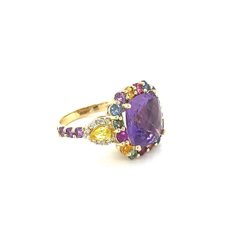 7.92 Carat Cushion Cut Amethyst Sapphire Diamond Yellow Gold Cocktail Ring In New Condition For Sale In Los Angeles, CA