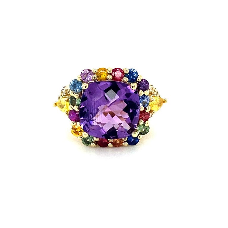 7.92 Carat Cushion Cut Amethyst Sapphire Diamond Yellow Gold Cocktail Ring For Sale 1