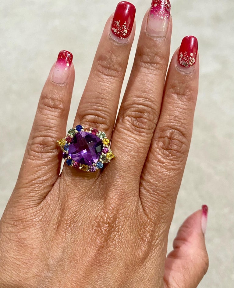 7.92 Carat Cushion Cut Amethyst Sapphire Diamond Yellow Gold Cocktail Ring For Sale 2