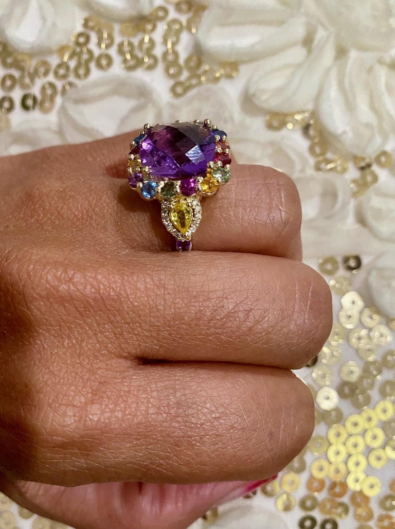 7.92 Carat Cushion Cut Amethyst Sapphire Diamond Yellow Gold Cocktail Ring For Sale 3