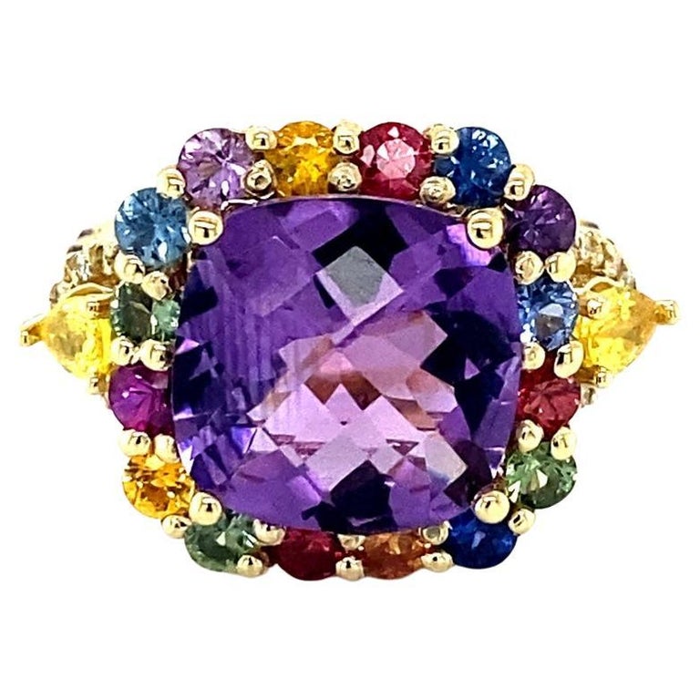7.92 Carat Cushion Cut Amethyst Sapphire Diamond Yellow Gold Cocktail Ring For Sale