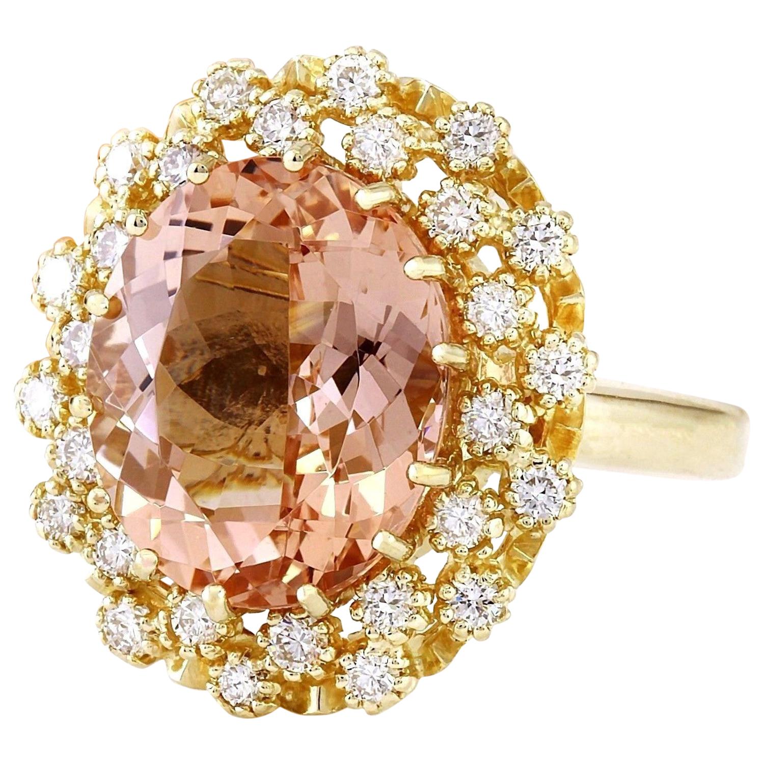 7.92 Carat Natural Morganite 14K Solid Yellow Gold Diamond Ring
 Item Type: Ring
 Item Style: Cocktail
 Material: 14K Yellow Gold
 Mainstone: Morganite
 Stone Color: Peach
 Stone Weight: 7.02 Carat
 Stone Shape: Oval
 Stone Quantity: 1
 Stone