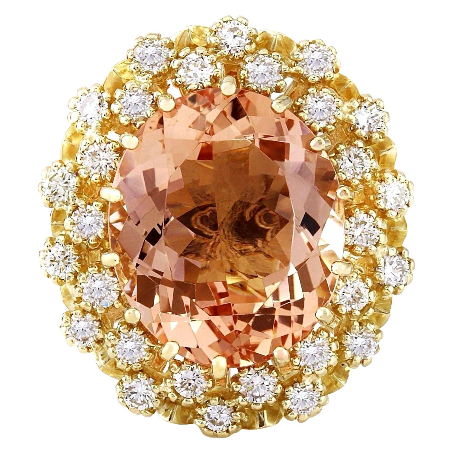Morganite Diamond Ring In 14 Karat Solid Yellow Gold  For Sale