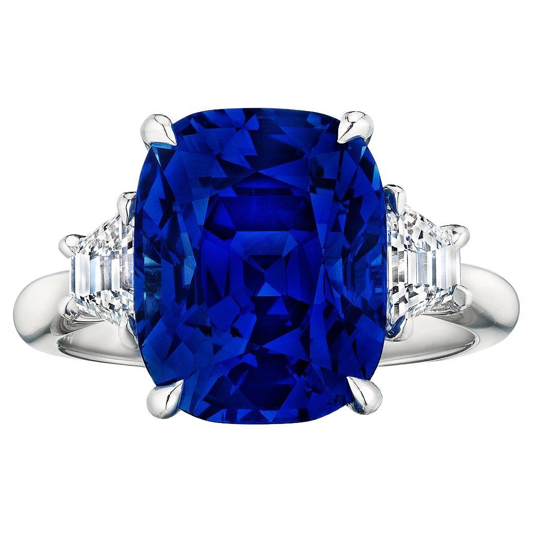 7.92 Carat Cushion Cut Natural No Heat Blue Sapphire Diamond Platinum Ring