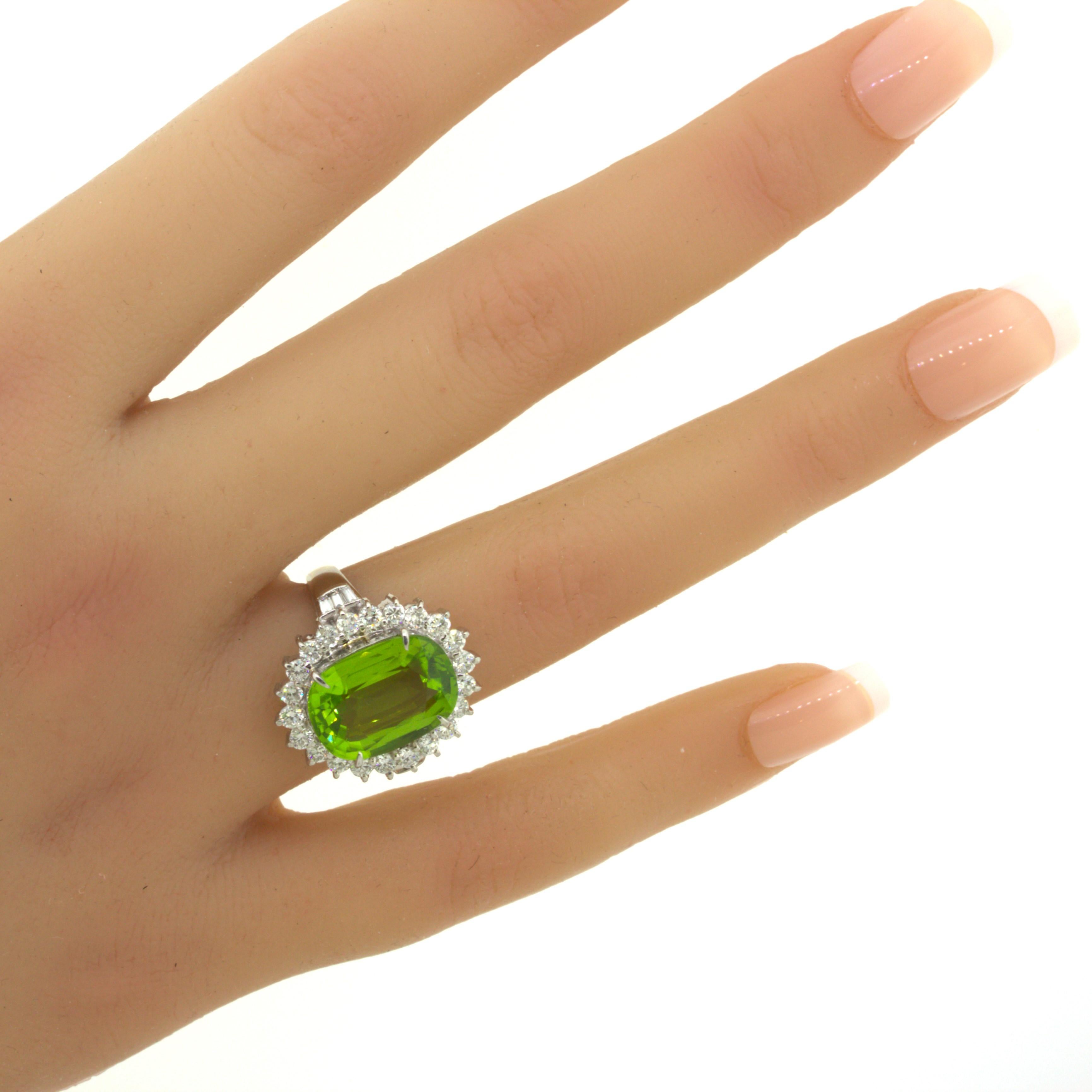 7.92 Carat Peridot Diamond Halo Platinum Ring For Sale 5