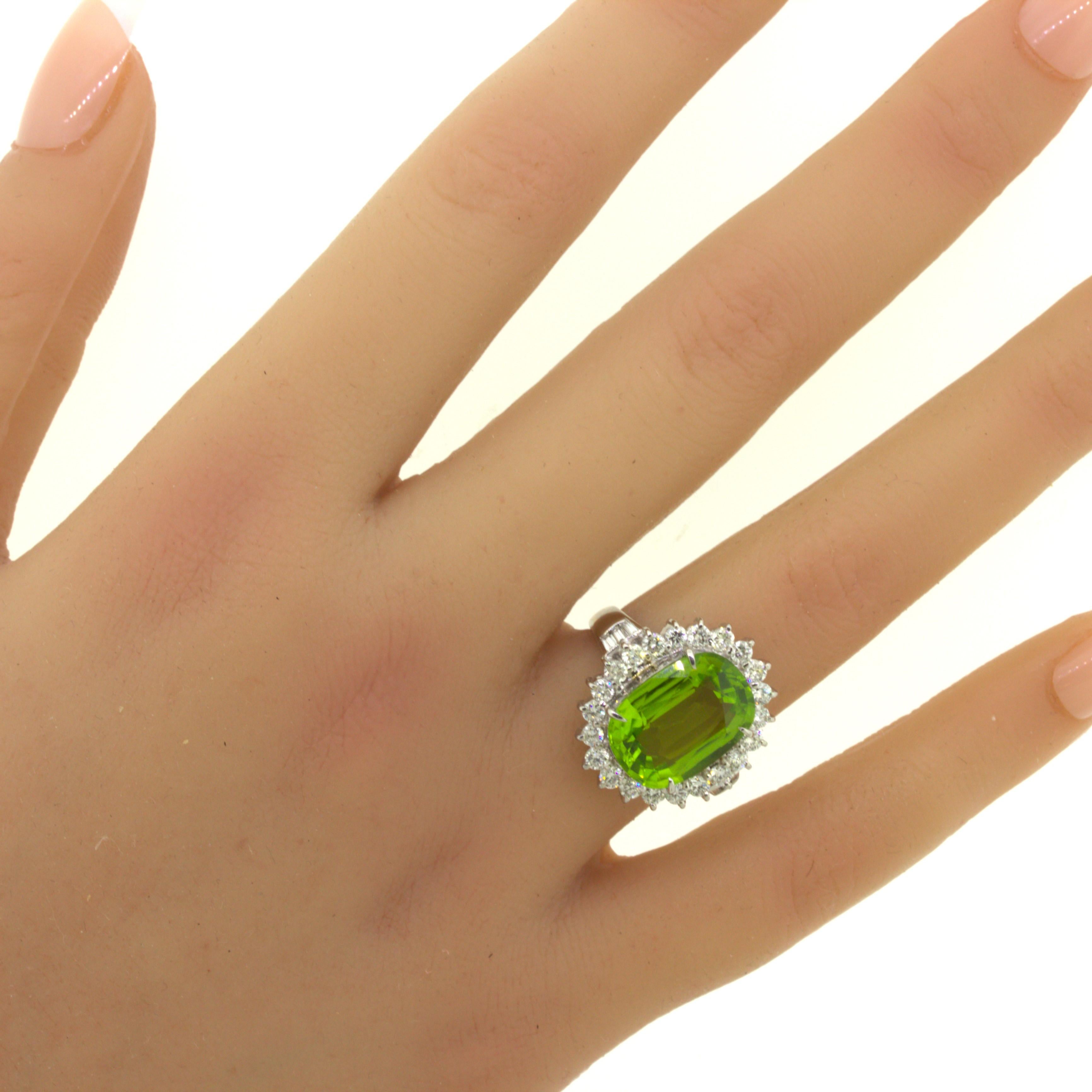 7.92 Carat Peridot Diamond Halo Platinum Ring For Sale 6