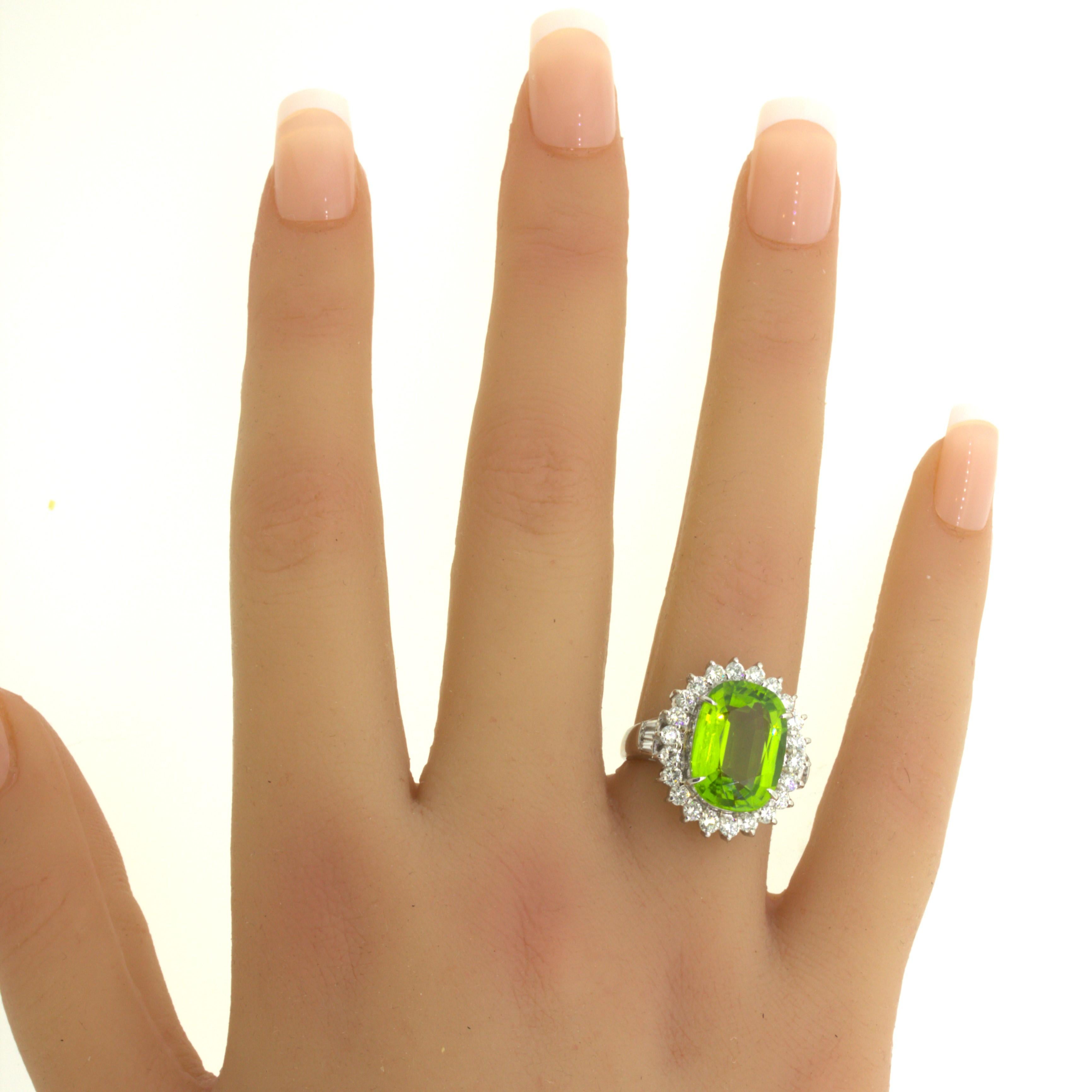 7.92 Carat Peridot Diamond Halo Platinum Ring For Sale 7