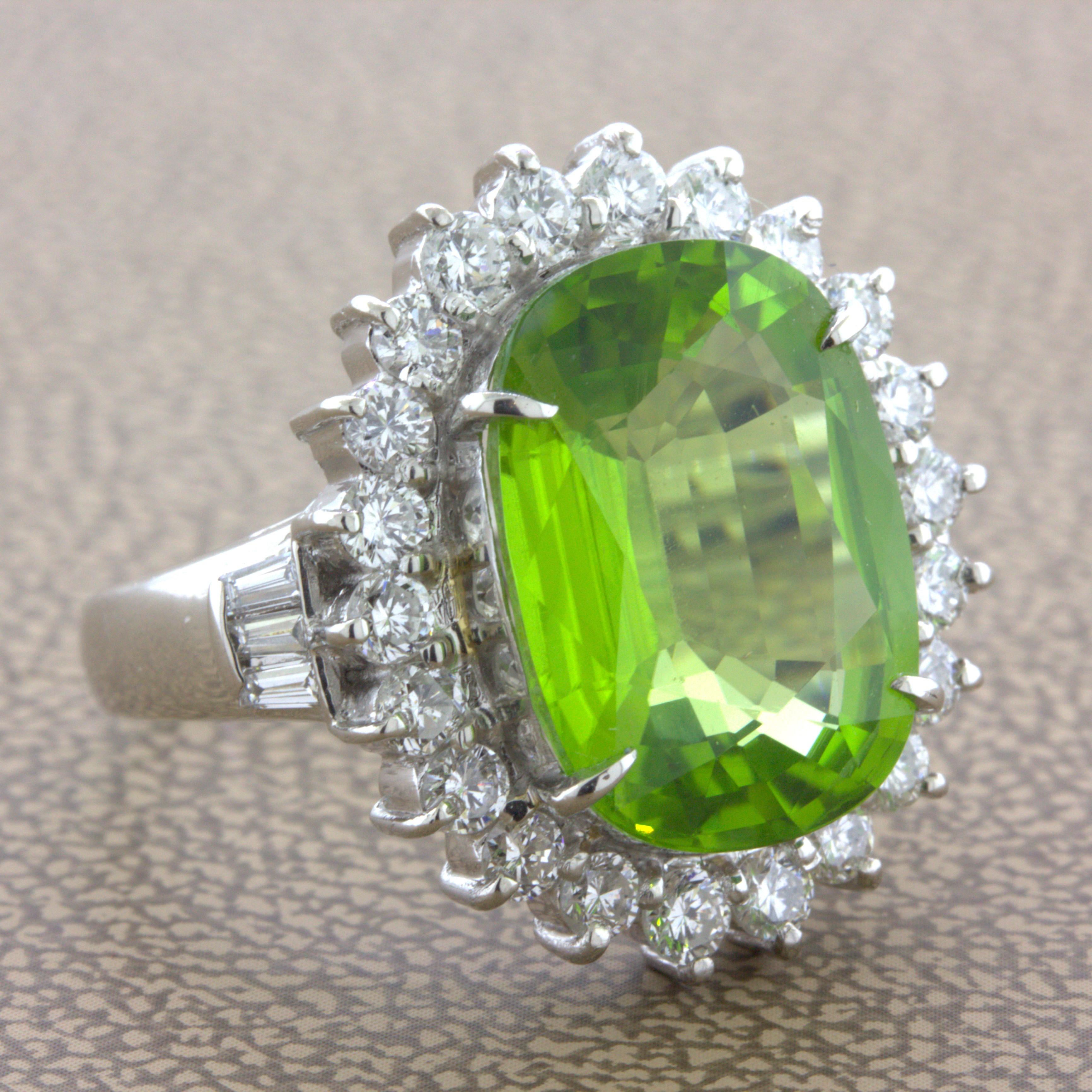 Oval Cut 7.92 Carat Peridot Diamond Halo Platinum Ring For Sale
