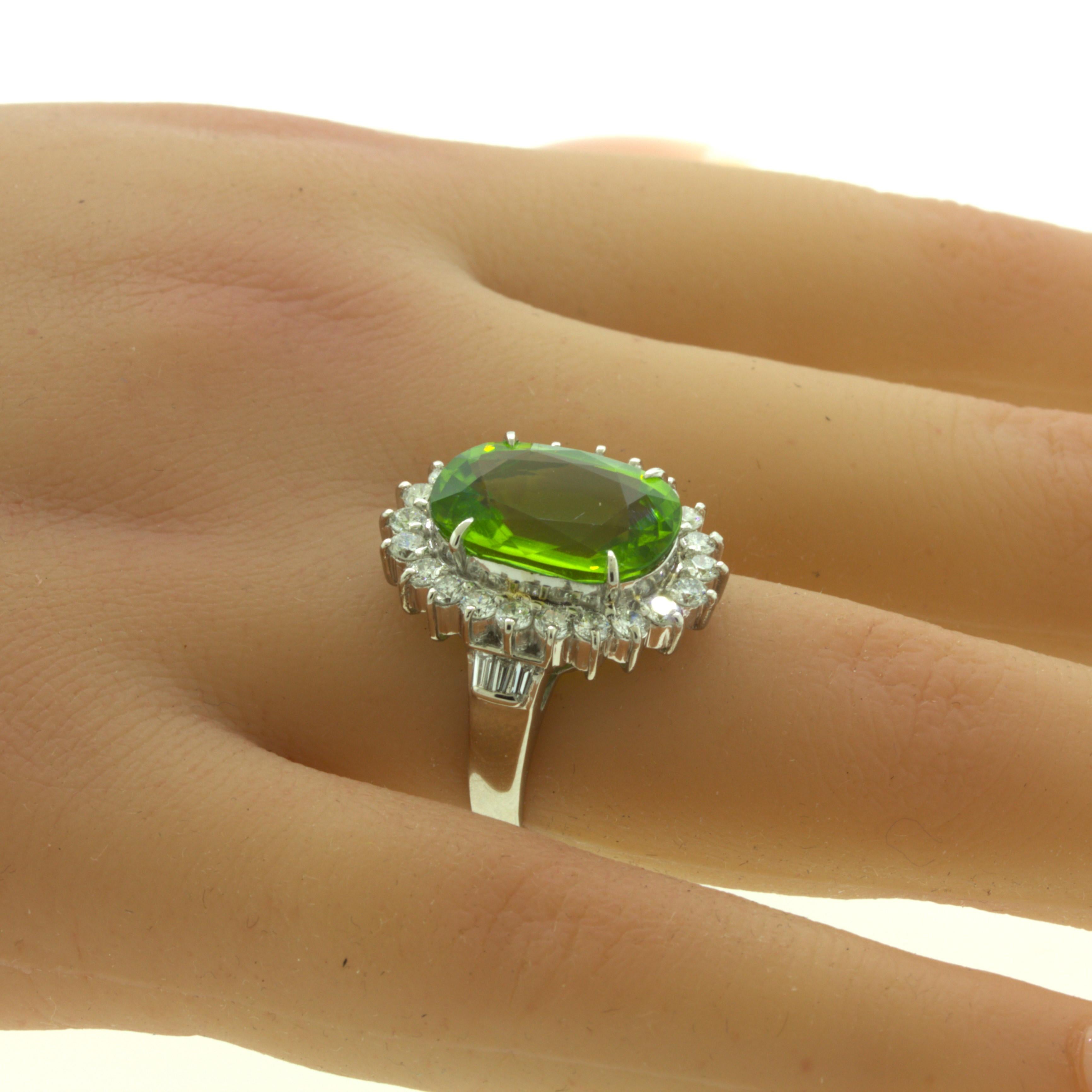 Women's 7.92 Carat Peridot Diamond Halo Platinum Ring For Sale