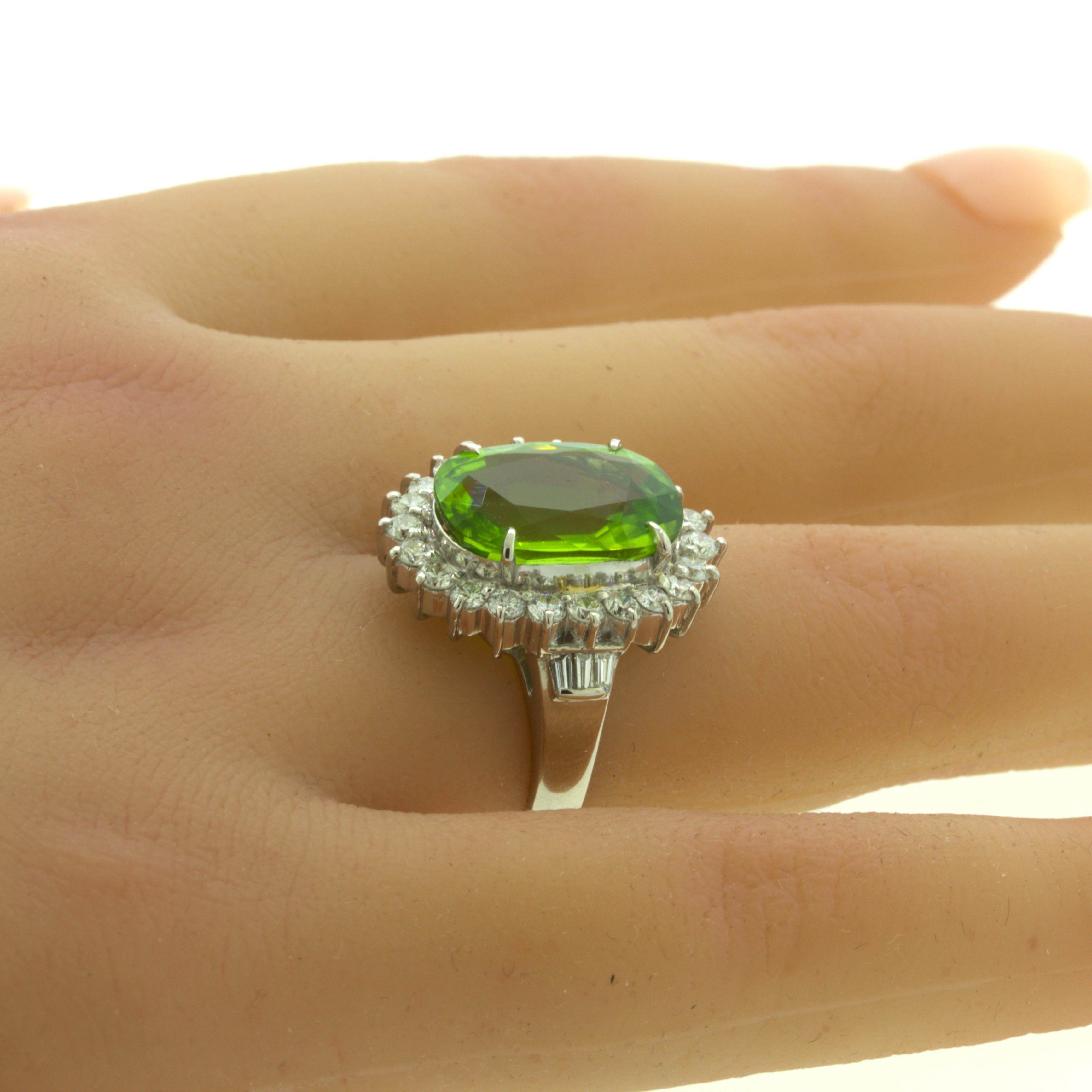 7.92 Carat Peridot Diamond Halo Platinum Ring For Sale 1