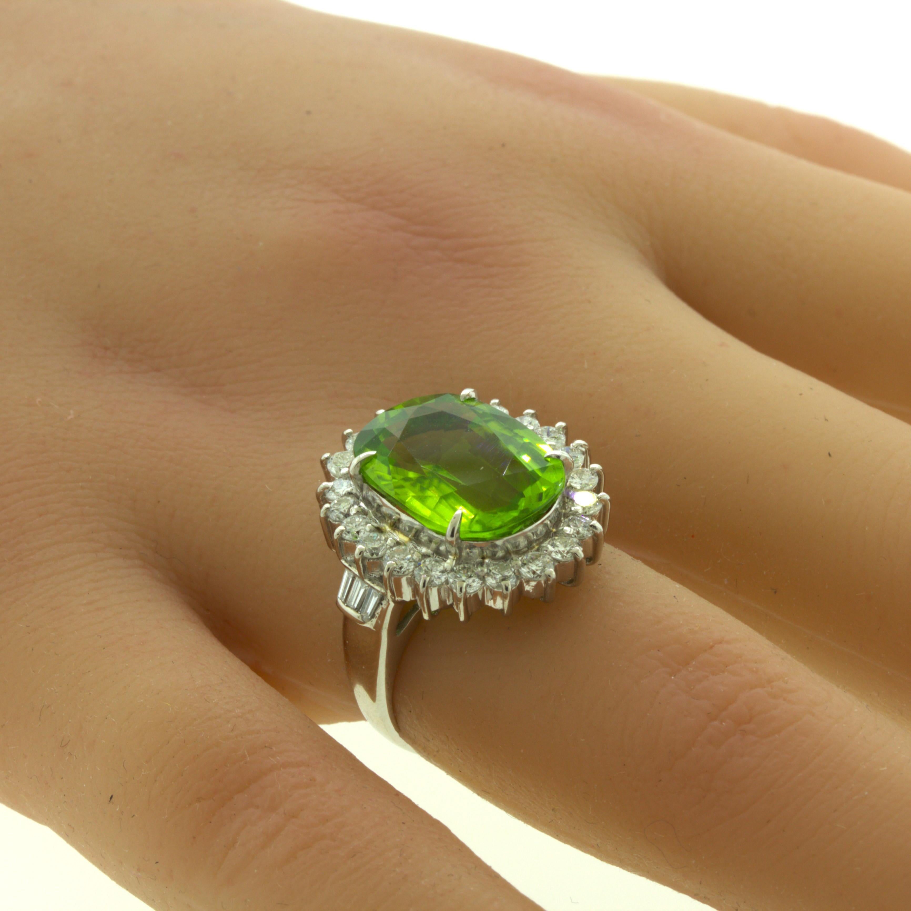 7.92 Carat Peridot Diamond Halo Platinum Ring For Sale 2