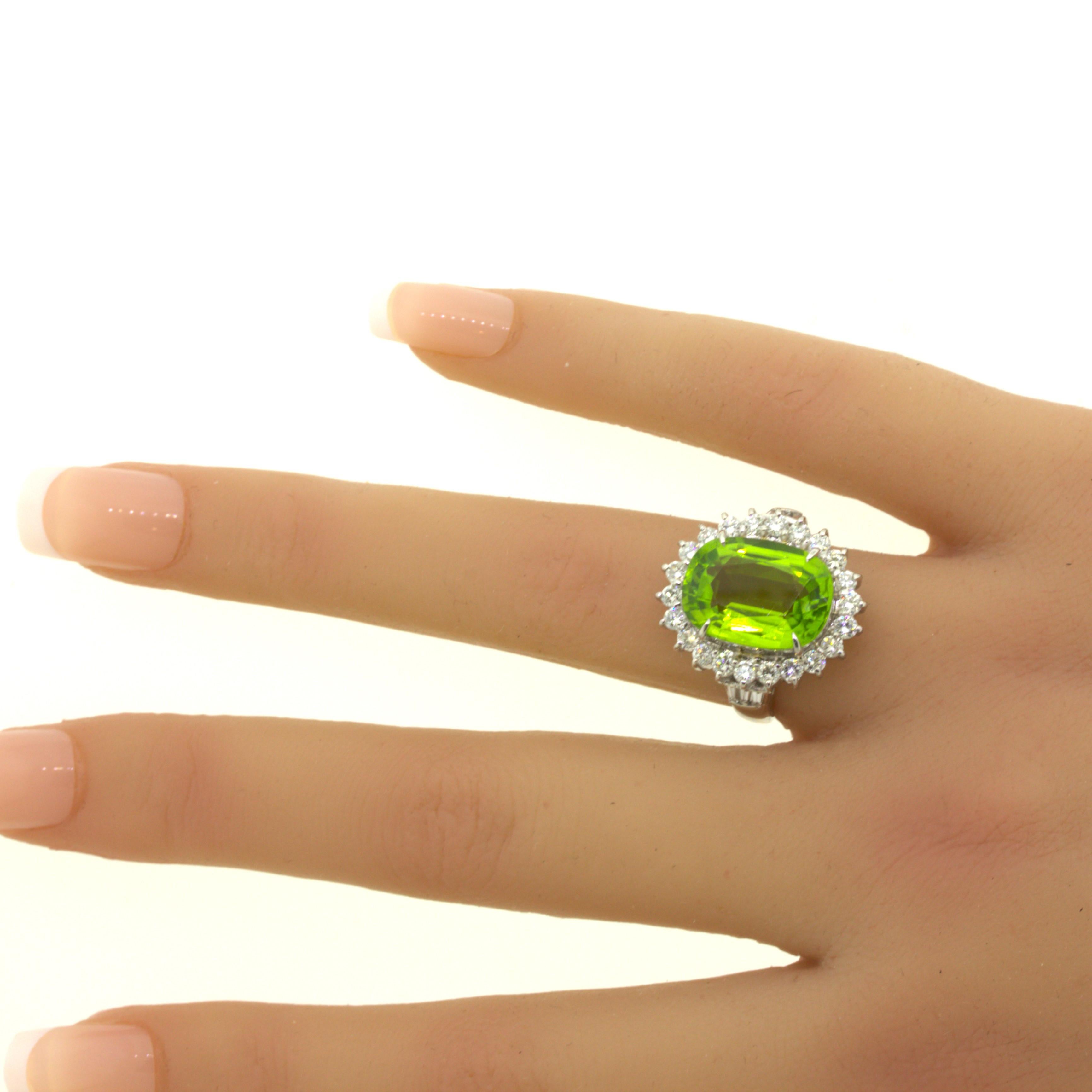 7.92 Carat Peridot Diamond Halo Platinum Ring For Sale 4
