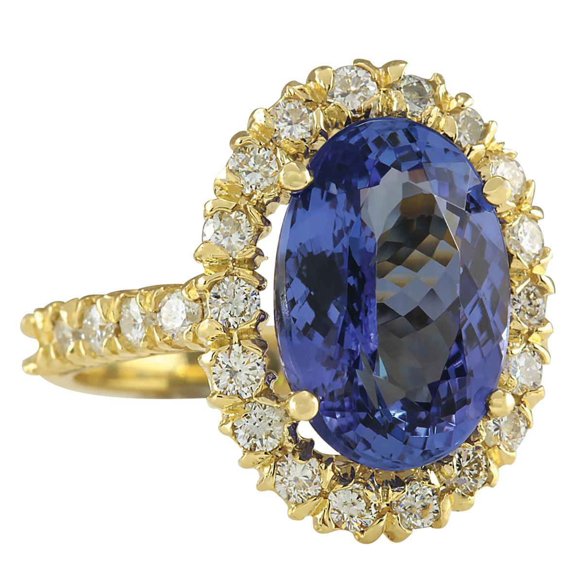 Introducing our stunning 7.92 Carat Tanzanite 14 Karat Yellow Gold Diamond Ring. Crafted from stamped 14K Yellow Gold, this ring boasts a total weight of 8.5 grams, ensuring both quality and durability. The centerpiece is a magnificent tanzanite