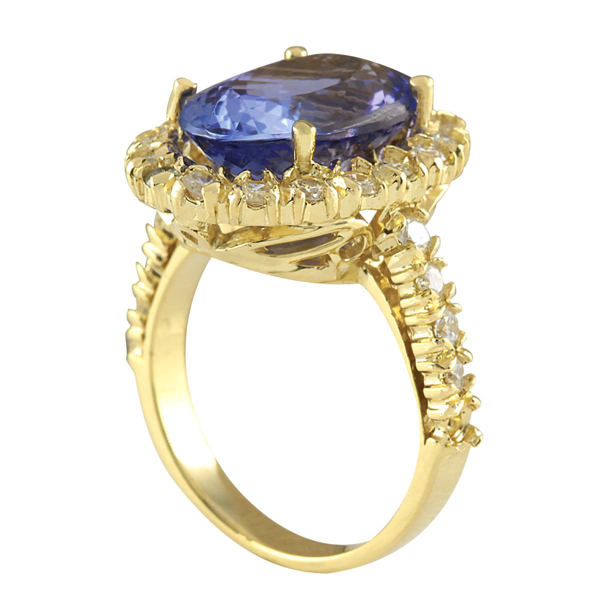 Modern Elegant Natural Tanzanite Diamond Ring In 14 Karat Yellow Gold For Sale