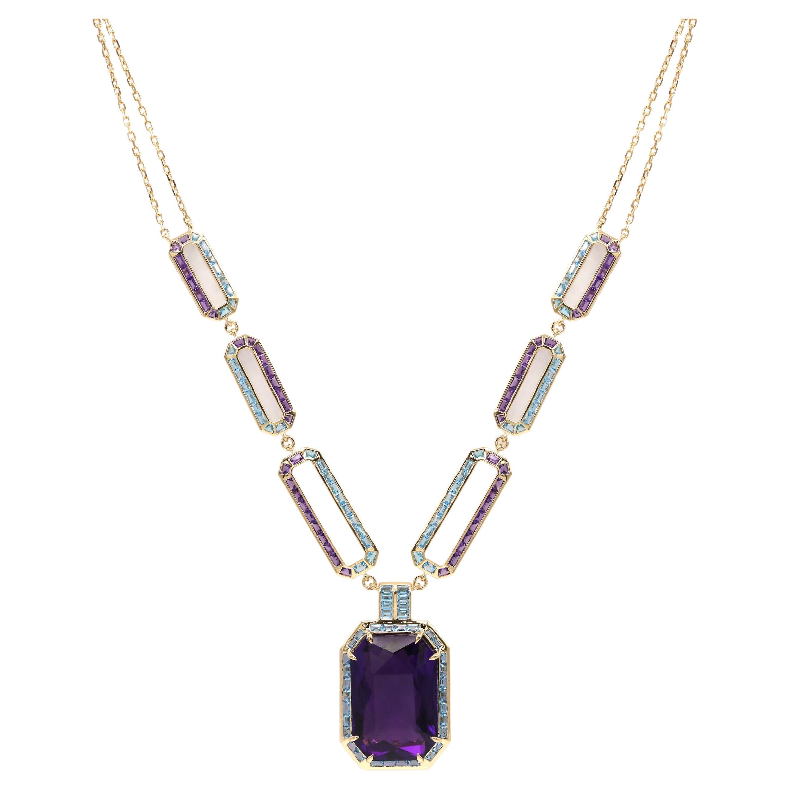 79.26 Ct Blue Topaz Amethyst 18 K Yellow Gold Cocktail Pendant Necklace For Sale