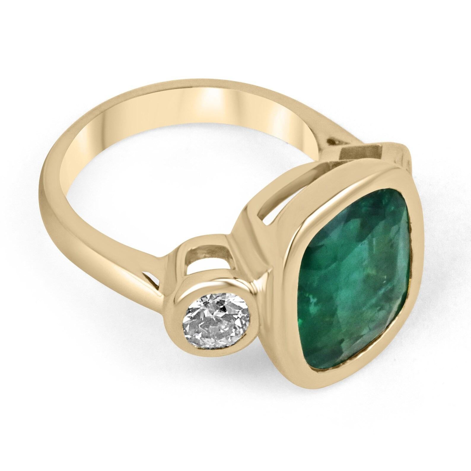 Modern 7.92tcw Top Quality AAA Emerald-Cushion Cut & Round Diamond Three Stone Ring 18K For Sale