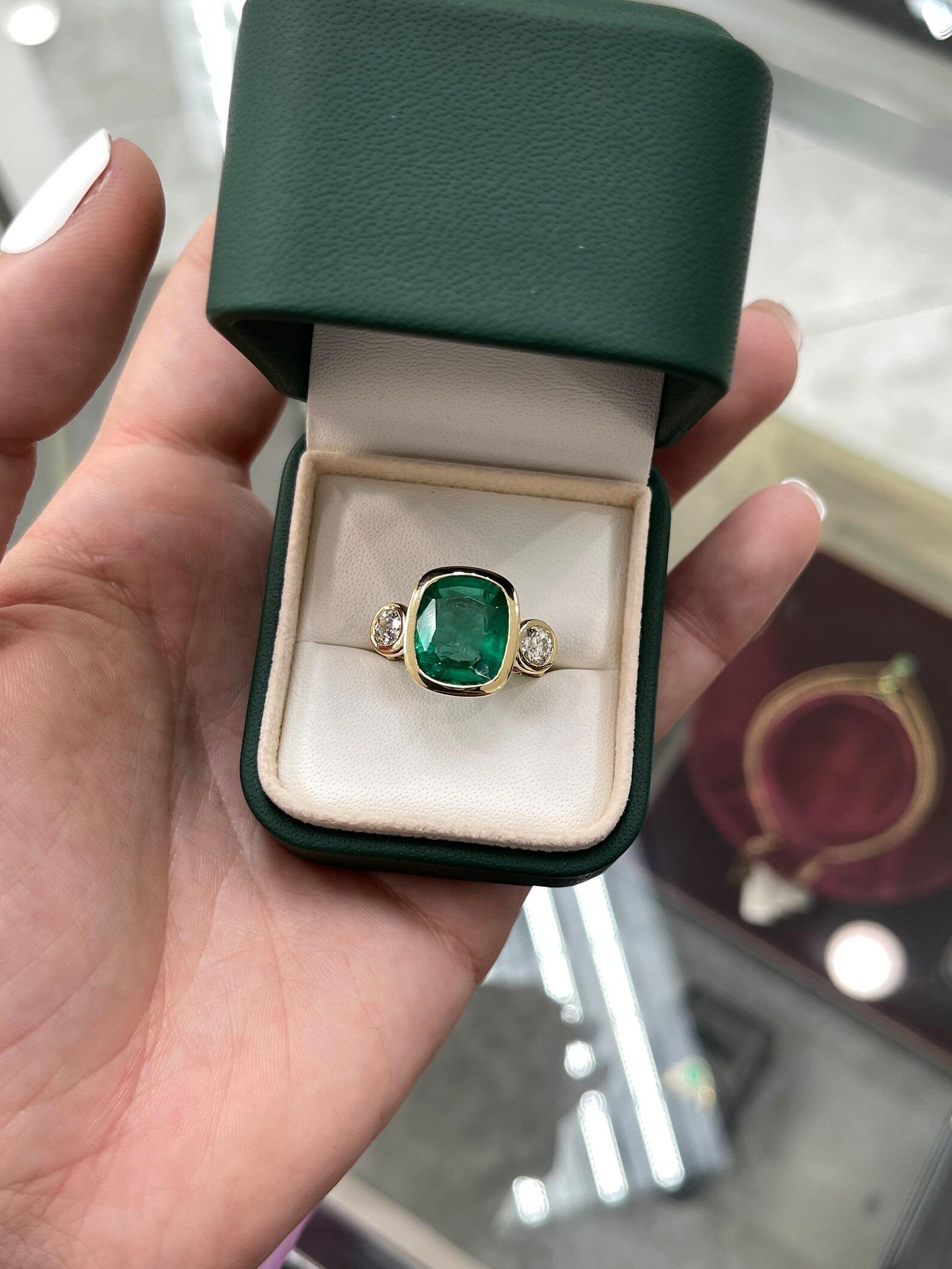 7.92tcw Top Quality AAA Emerald-Cushion Cut & Round Diamond Three Stone Ring 18K For Sale 4