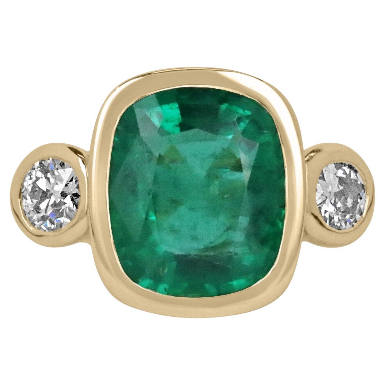 7.92tcw Top Quality AAA Emerald-Cushion Cut & Round Diamond Three Stone Ring 18K For Sale