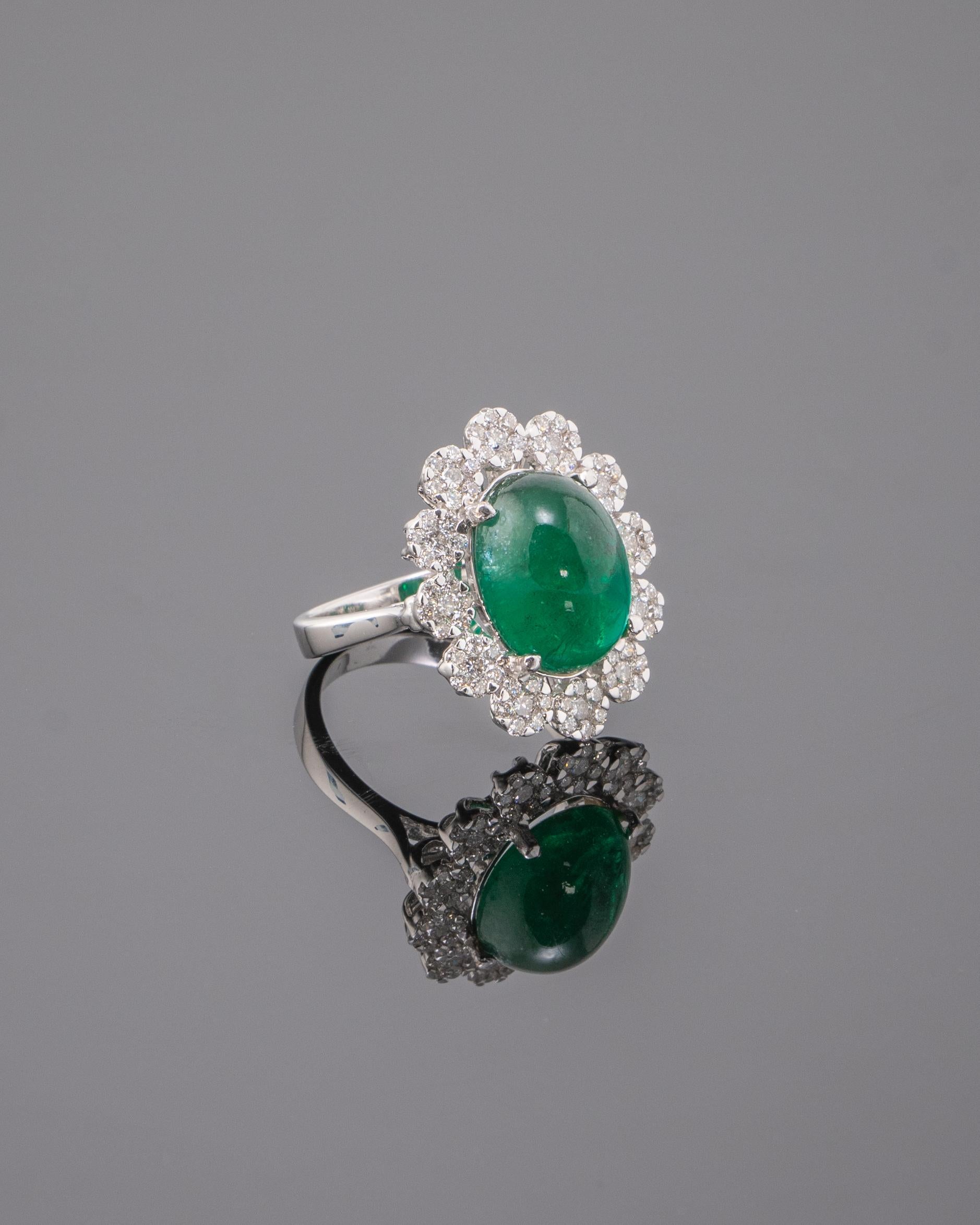 Cabochon 7.93 Carat Emerald and Diamond Cocktail Ring For Sale