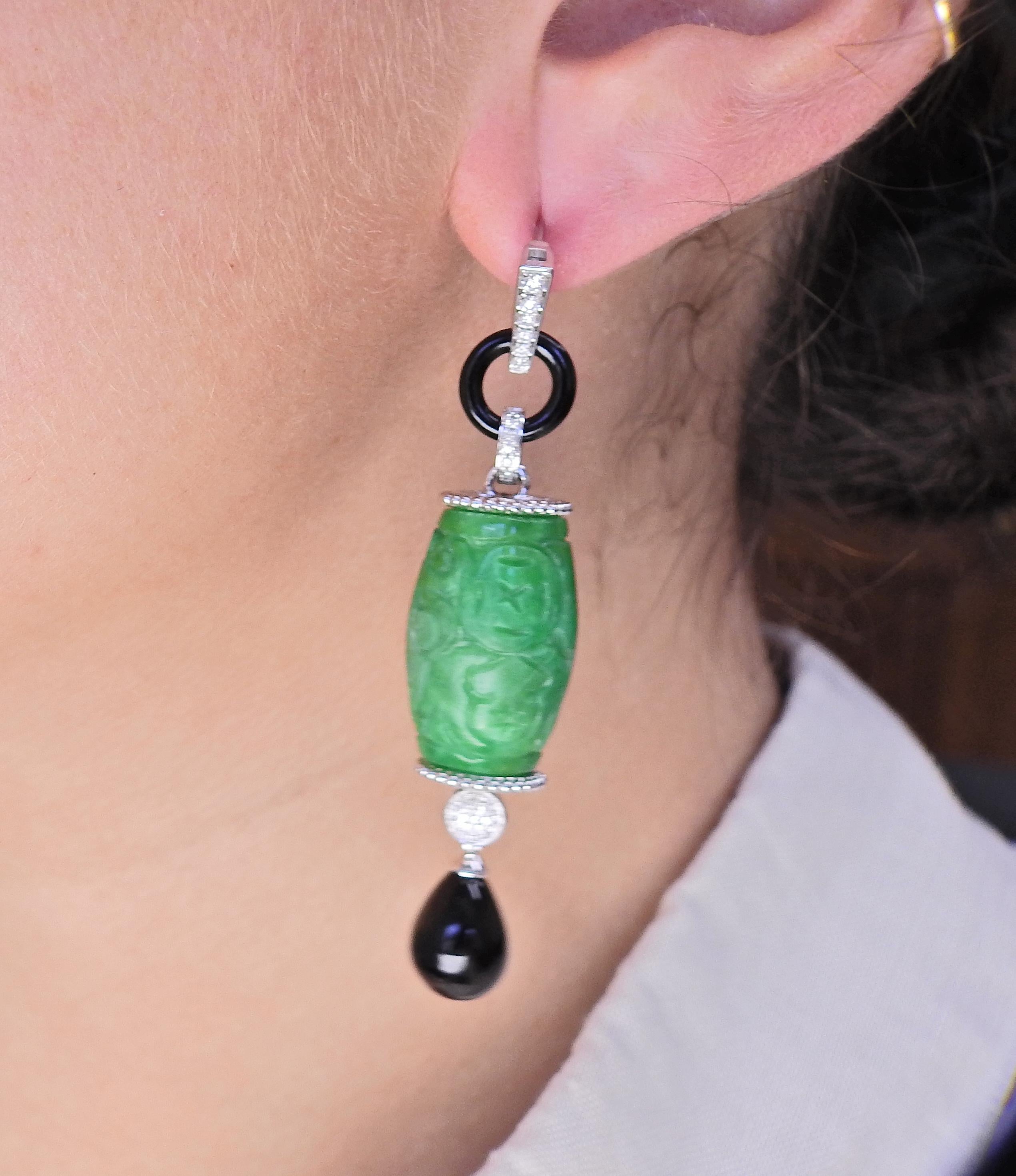 79.38ctw Carved Jadeite Jade Onyx Diamond Gold Drop Earrings In Excellent Condition For Sale In New York, NY