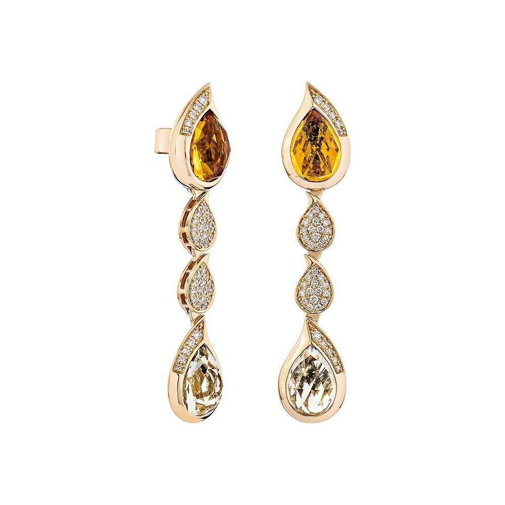 Sunita Nahata presents a one-of-a-kind collection of citrine and mint quartz drop earrings, with a set in a traditional pear shape with a briolette cut. The stones grouped in a straight line on top Citrine, bottom Mint quartz, and diamonds in the