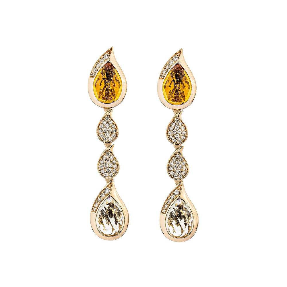 Contemporary 7.94 Carat Citrine and Mint Quartz Drop Earrings in 18KRG with White Diamond. For Sale