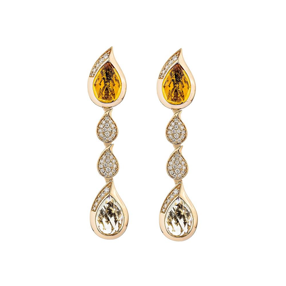 Contemporary Sunita Nahata Citrine and Mint Quartz 7.94ct. Earrings in 18KRG with Diamond. For Sale