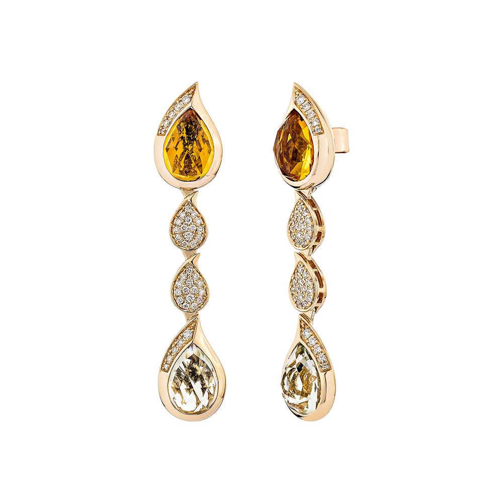 Pear Cut 7.94 Carat Citrine and Mint Quartz Drop Earrings in 18KRG with White Diamond. For Sale