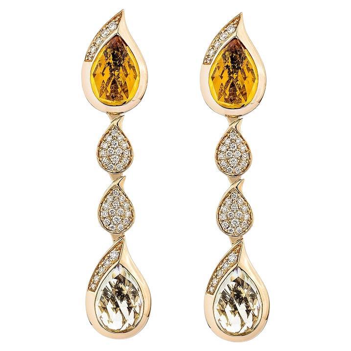 7.94 Carat Citrine and Mint Quartz Drop Earrings in 18KRG with White Diamond. For Sale