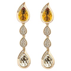 7.94 Carat Citrine and Mint Quartz Drop Earrings in 18KRG with White Diamond.