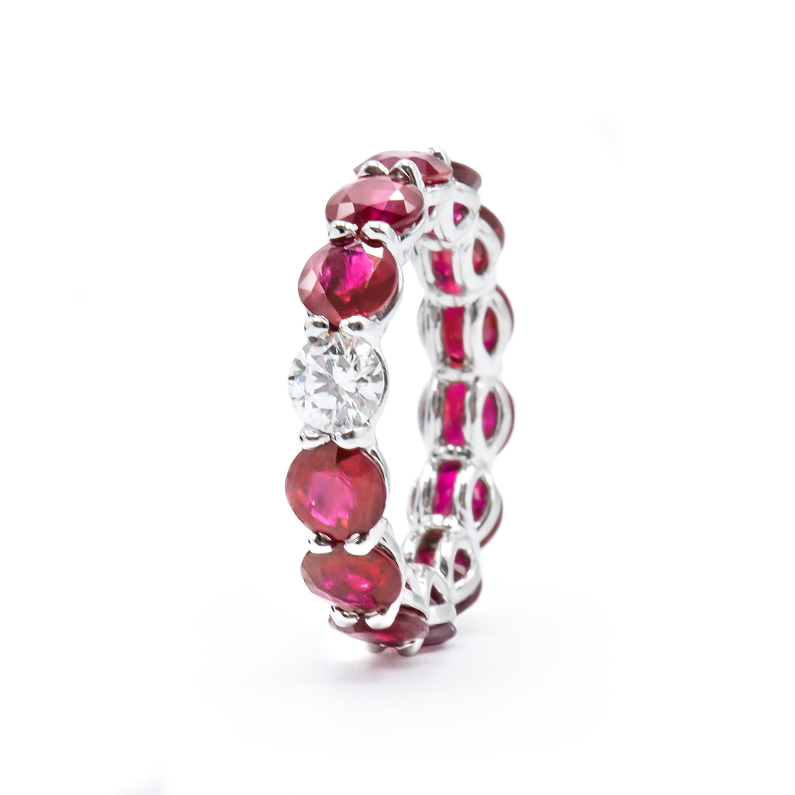Round Cut 7.94 Carat Ruby and Round Diamond Eternity Band Ring For Sale
