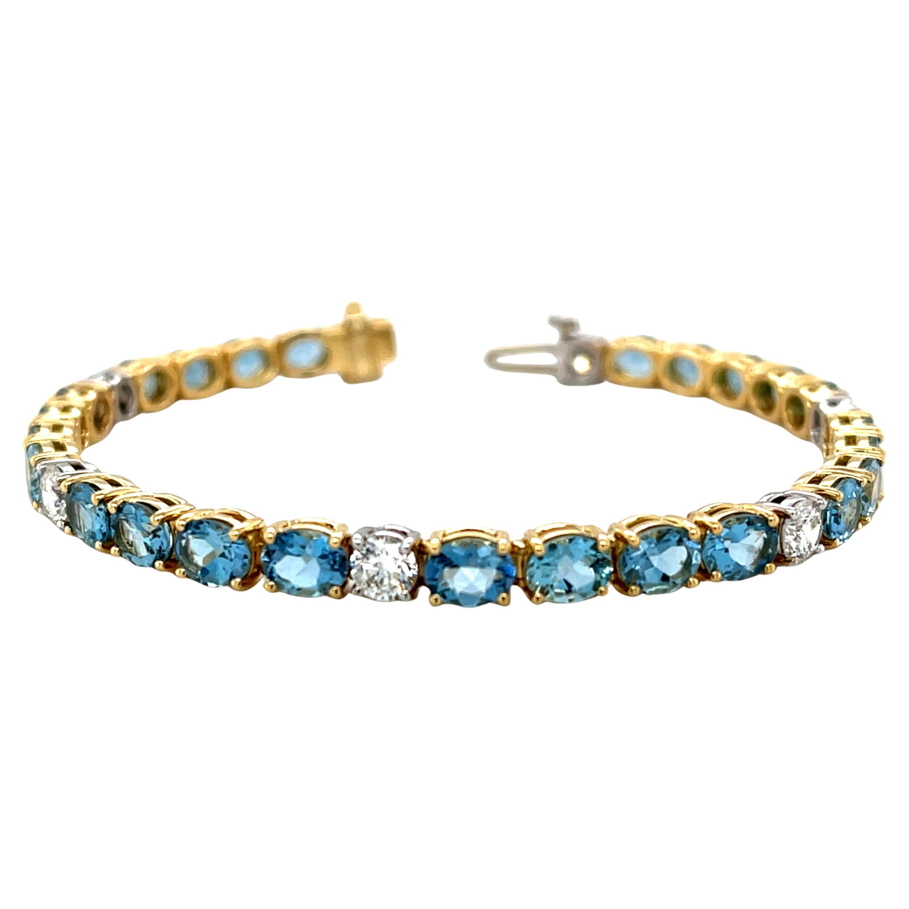 7,94 Karat insgesamt Aquamarin Oval und runder Diamant-Tennisarmband aus 18 Karat Gold