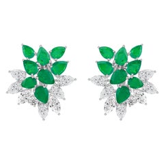 7.94 ct Natural Pear Emerald and Diamond Wreath Drop Earrings, 18K White Gold