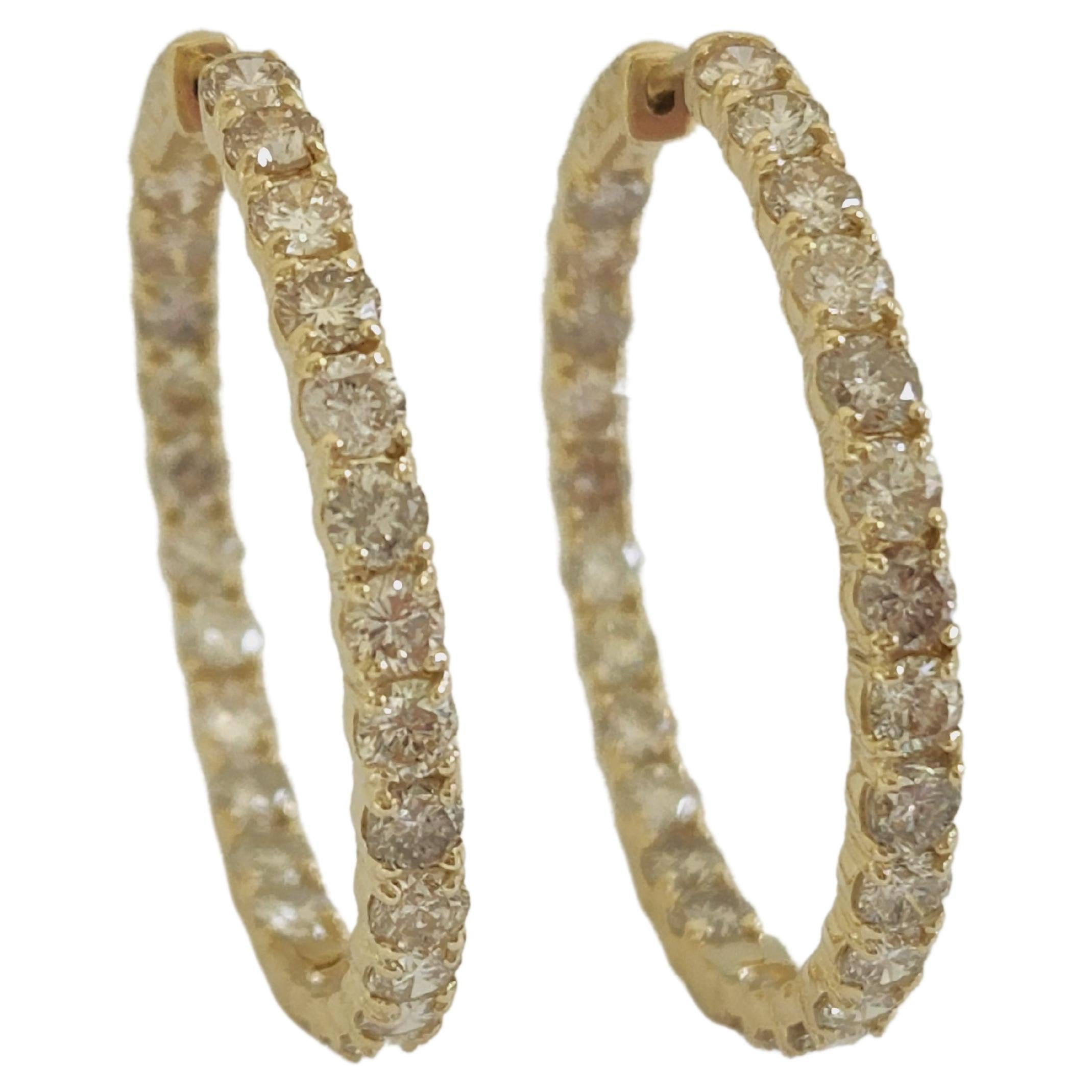 3.45 Carat Diamond Hoops Earrings 14 Karat Yellow Gold For Sale at 1stDibs