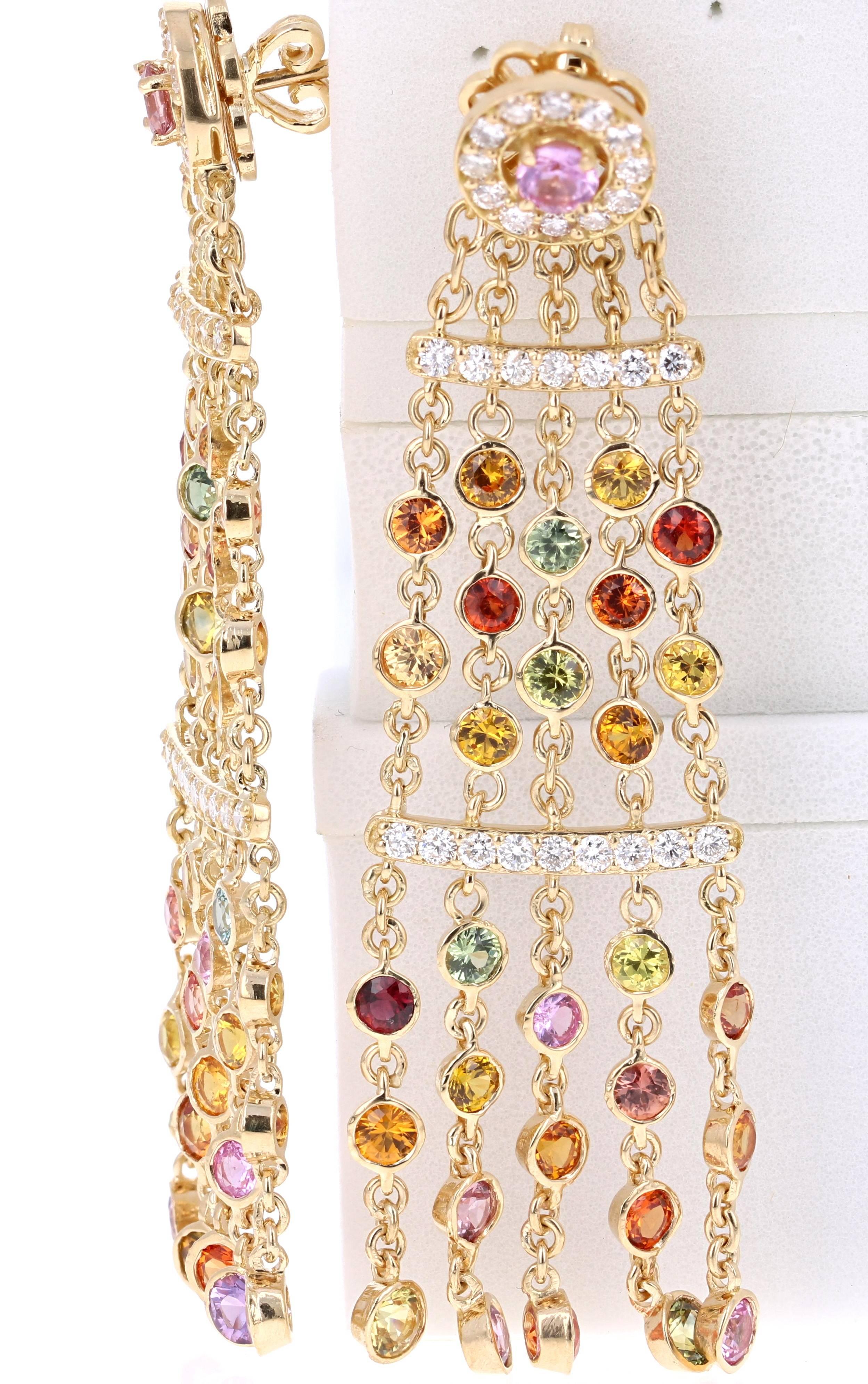 Round Cut 7.95 Carat Multicolored Sapphire Diamond Dangle Yellow Gold Earrings