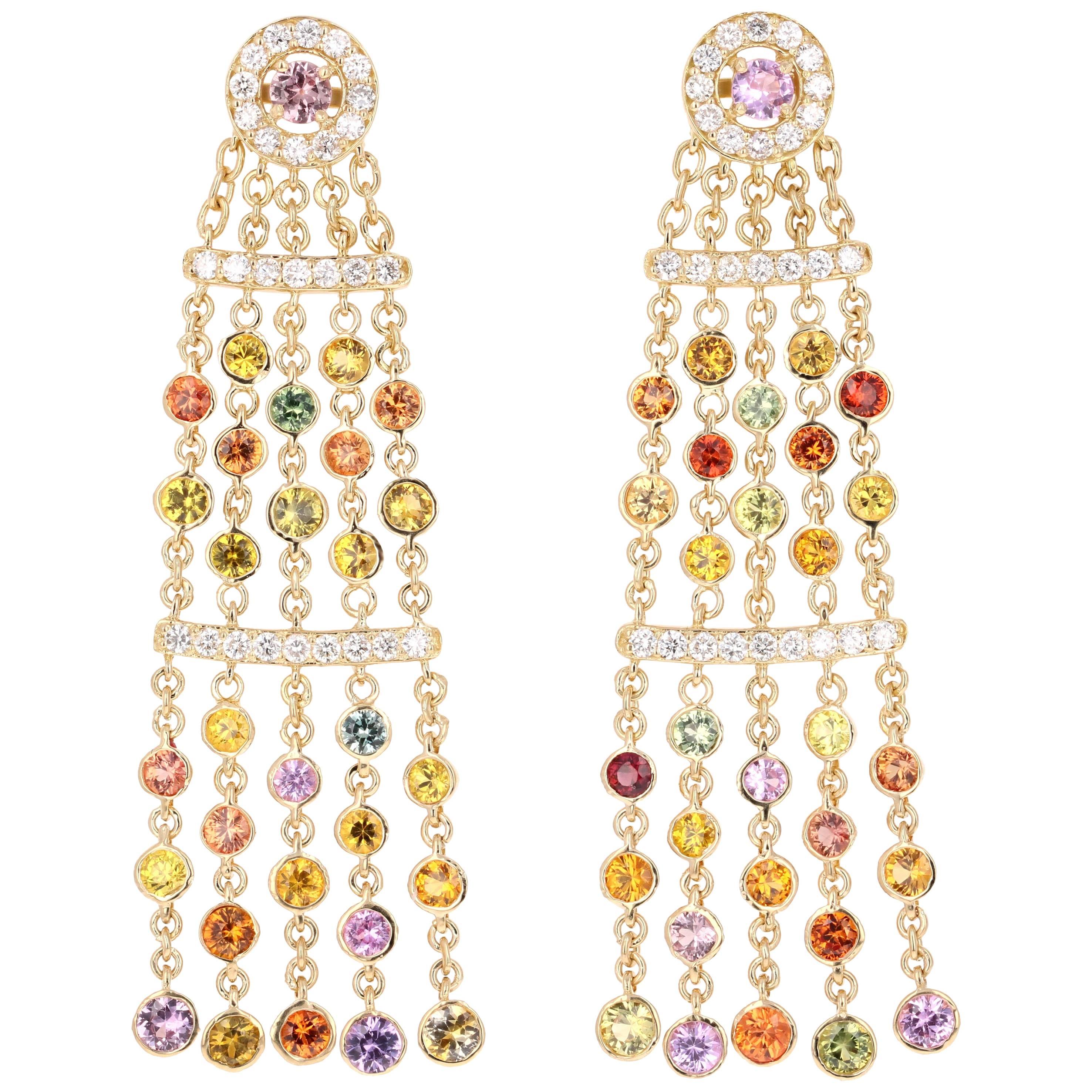 7.95 Carat Multicolored Sapphire Diamond Dangle Yellow Gold Earrings